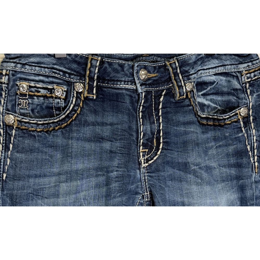 Miss Me Y2K Grunge Rhinestone Flap Pocket Bootcut Jeans Blue Denim Size 30 - Picture 2 of 16